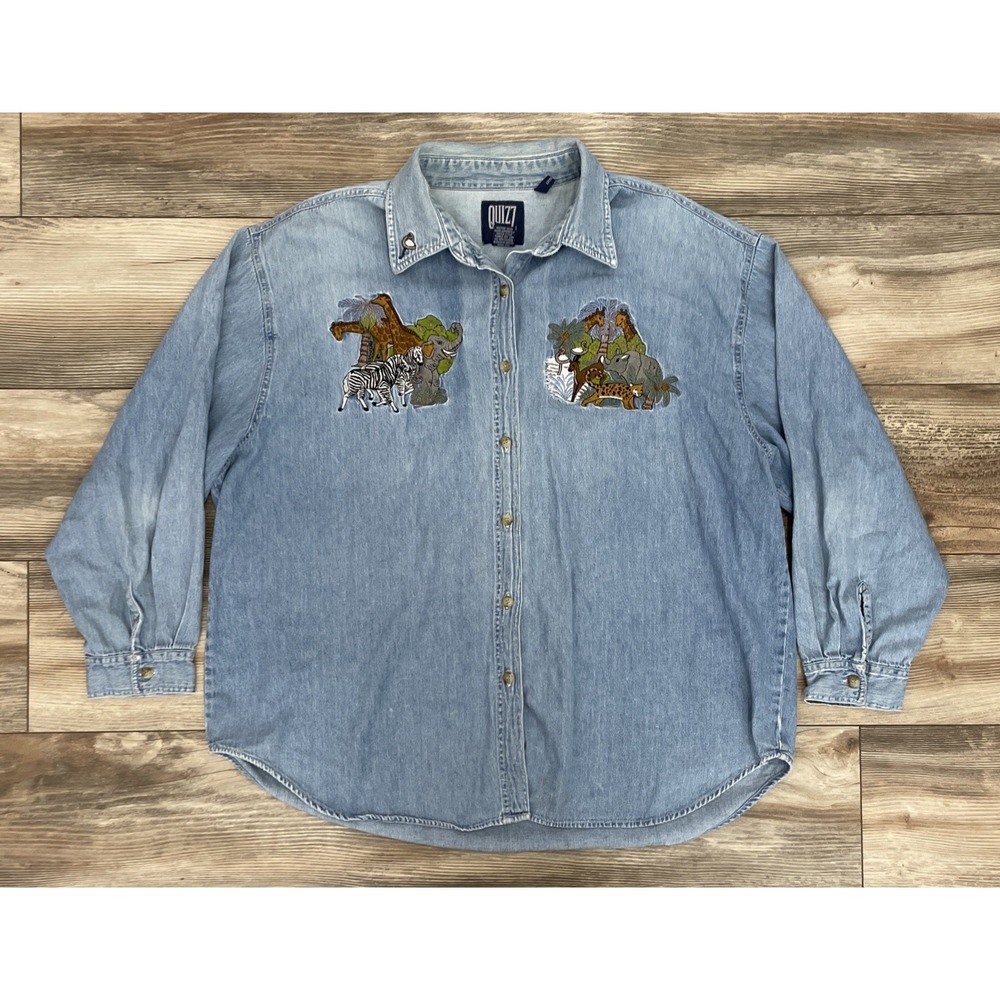 QUIZZ Top Womens‎ 24 Denim Embroidered Button Tunic Shirt Long Sleeve Safari